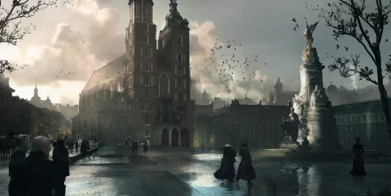 HD PC desktop wallpaper depicting a fantasy city at dusk with towering gothic buildings, a statue, and figures walking through a misty, atmospheric square.