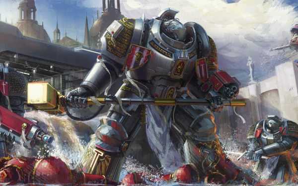HD wallpaper of a futuristic armored warrior in a Warhammer 40k setting, amidst a battlefield with dramatic visuals featuring intricate armor and intense action.