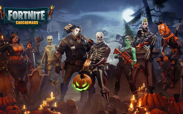 HD desktop wallpaper of Fortnite characters dressed in Halloween costumes with a spooky backdrop, titled Fortnitemares.