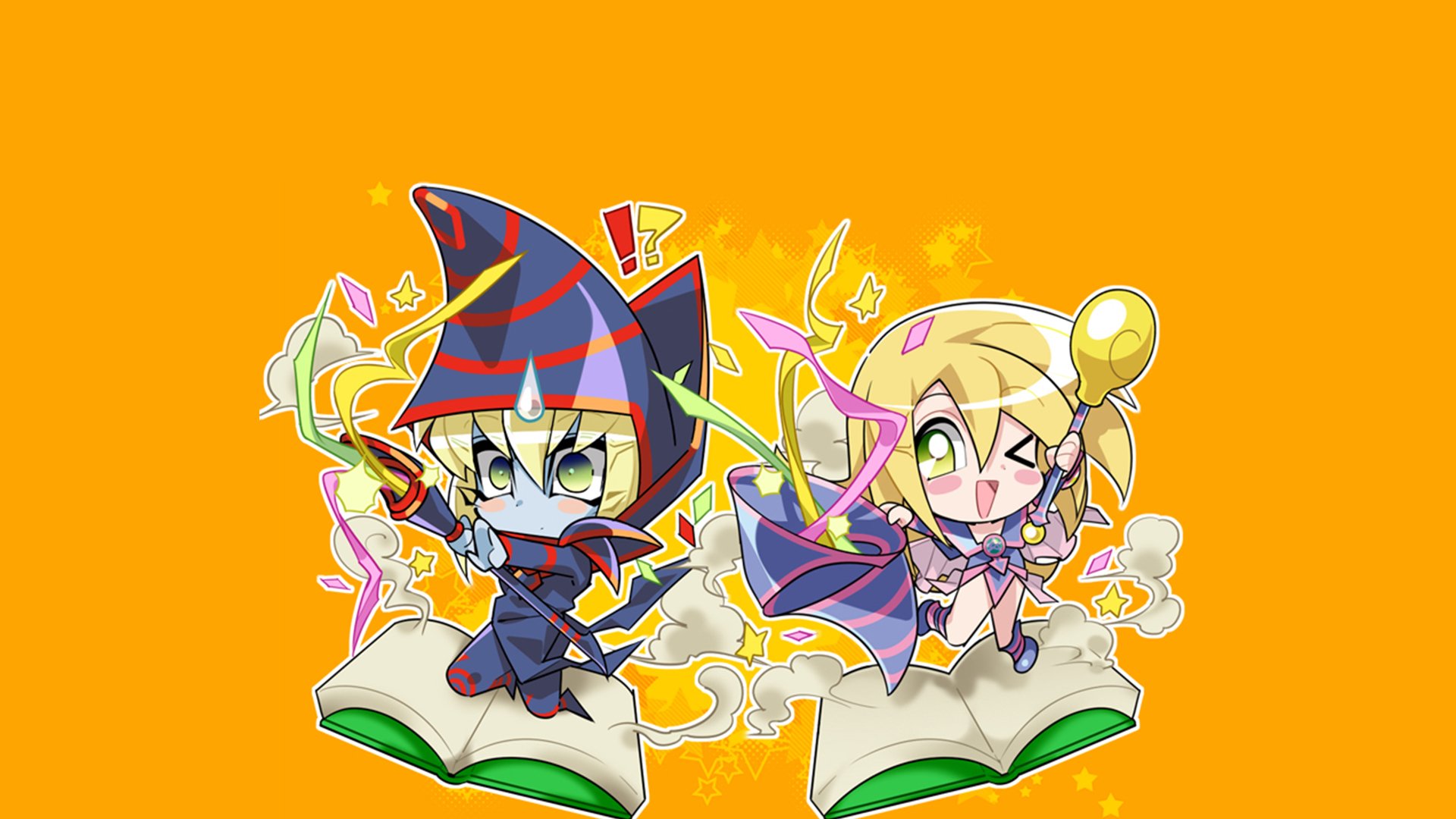 HD anime desktop wallpaper featuring chibi-style Dark Magician and Dark Magician Girl from Yu-Gi-Oh! against a bright orange background.