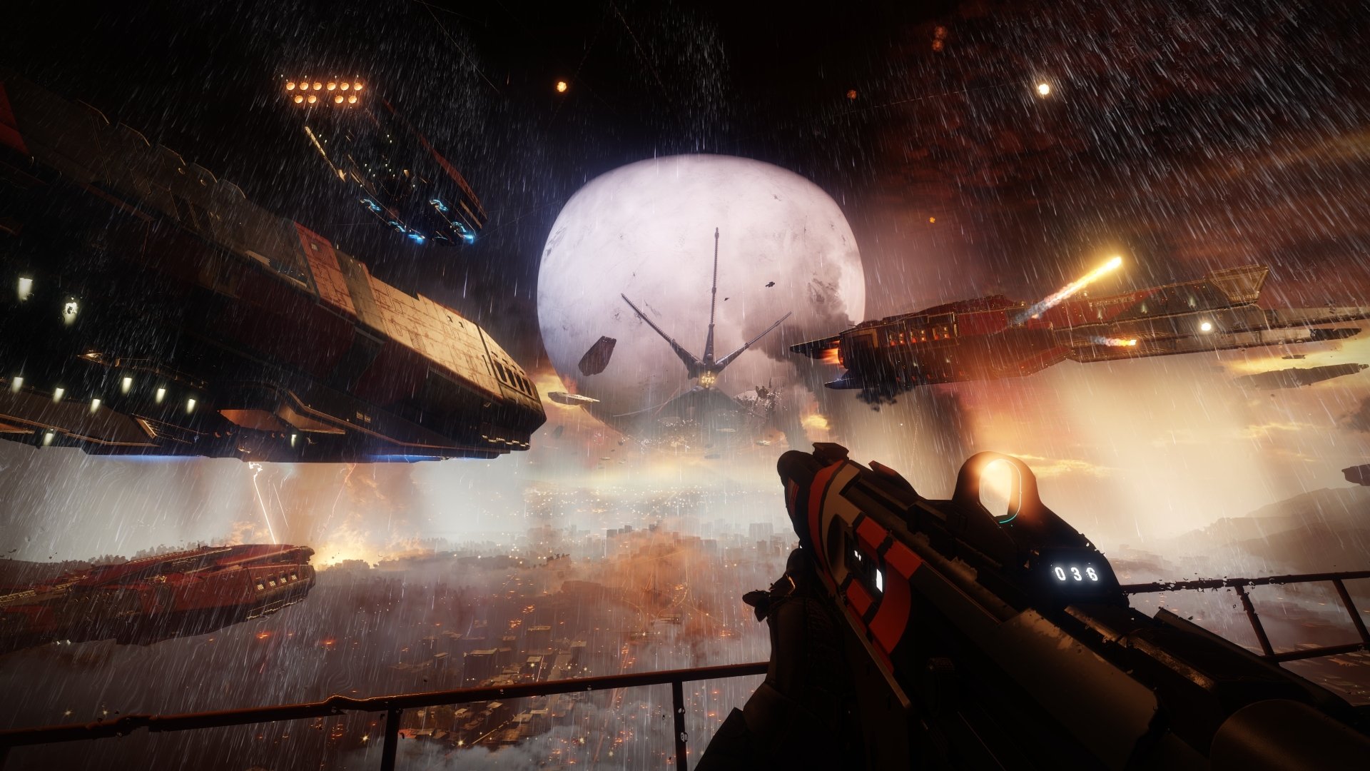 Destiny 2 video game 4K Ultra HD PC desktop wallpaper — first-person Guardian rifle over a rain‑slick city, ships converging as the glowing Traveler looms in a stormy sky.