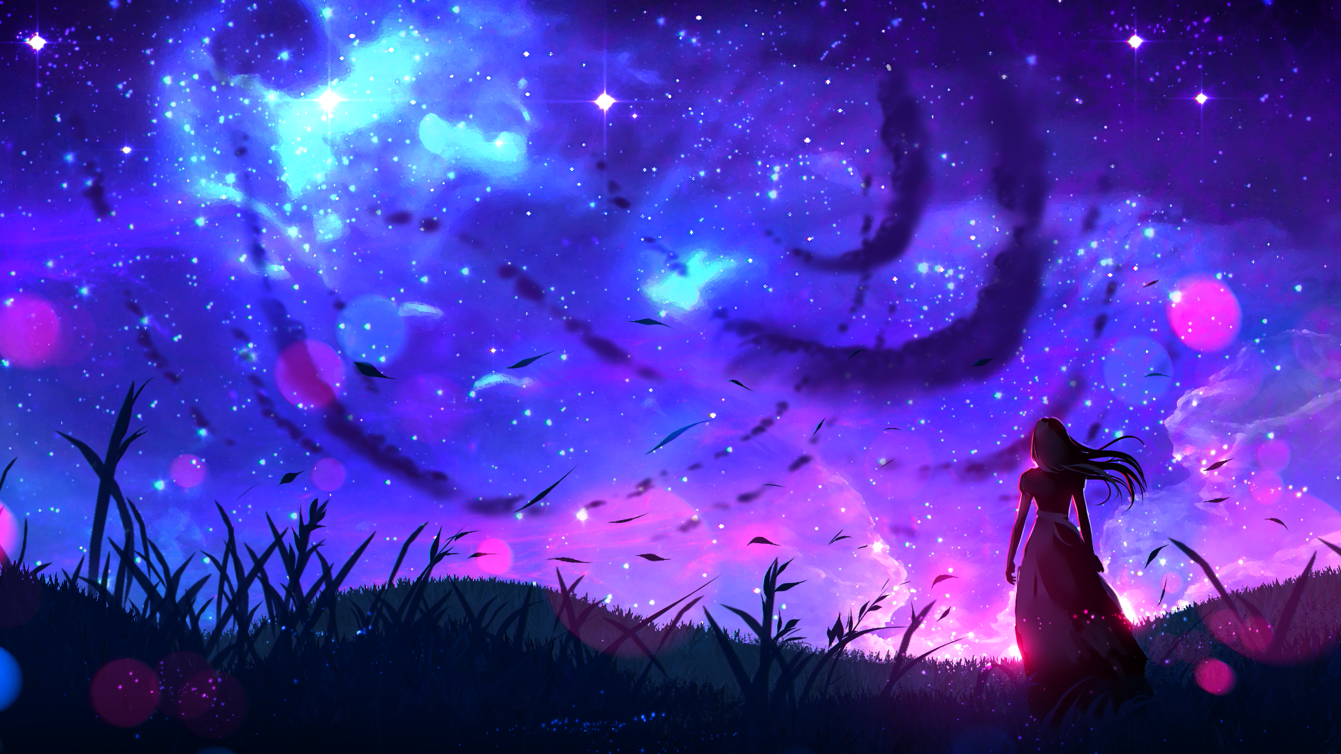 An anime-styled HD desktop wallpaper featuring a silhouette of a girl gazing at a mesmerizing, starry sky with purple and blue hues, scattered stars, and swirling clouds.
