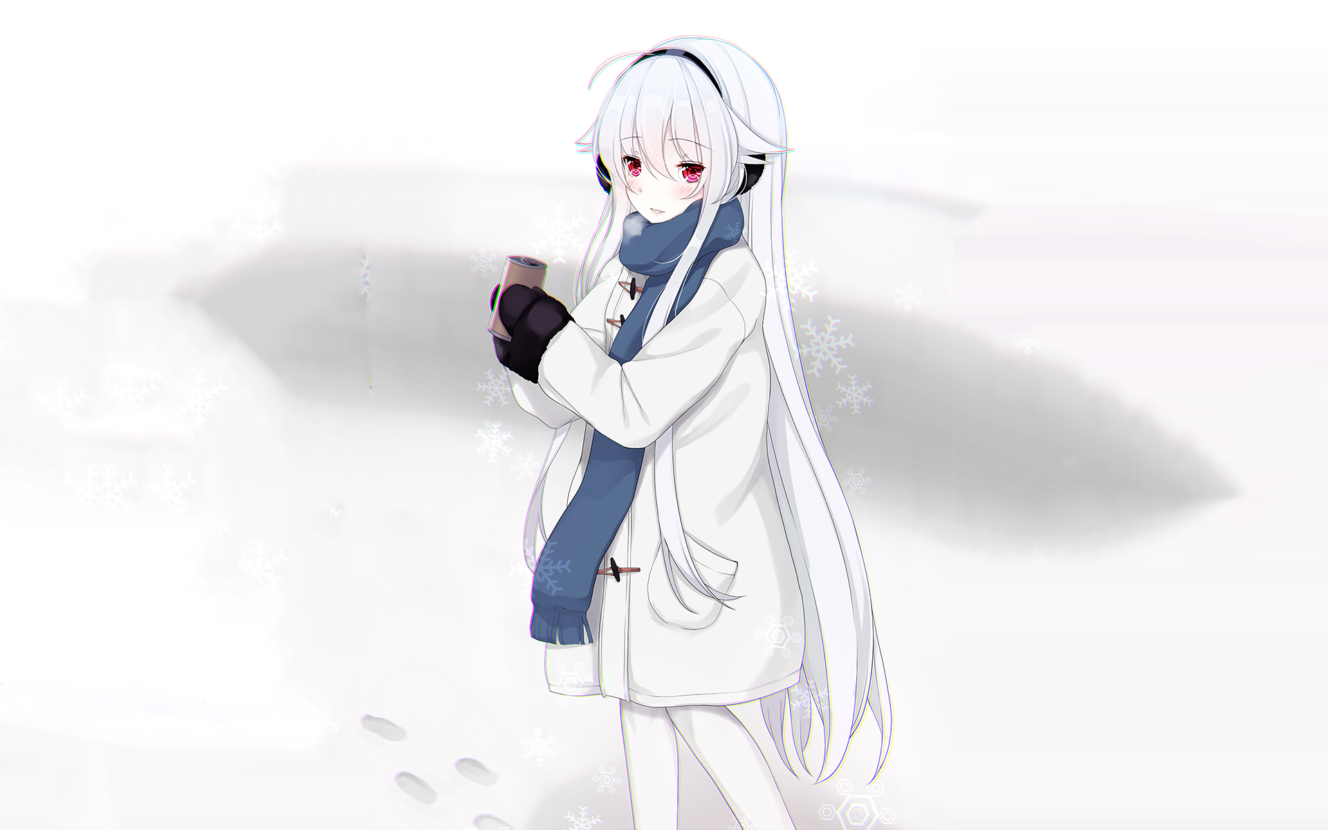 HD PC desktop wallpaper background of an anime girl: white-haired girl in a winter coat and blue scarf standing in snow against a soft gray backdrop.
