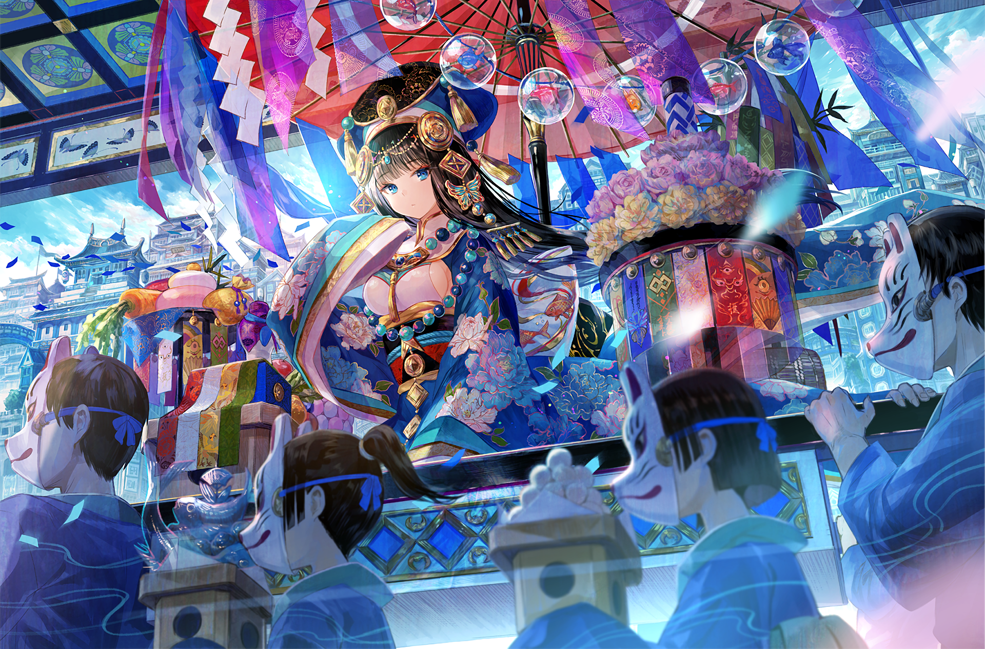HD desktop wallpaper of an original anime scene featuring a female character in elaborate traditional attire under a vibrant parasol, surrounded by figures in white masks, set in a colorful, festive background.