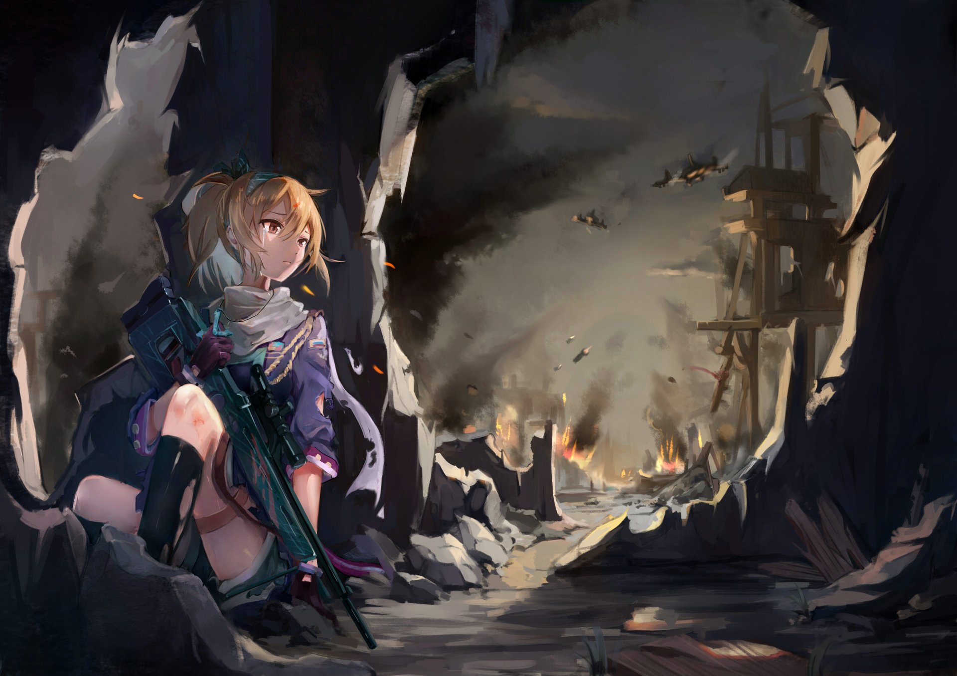 HD desktop wallpaper depicting SV-98 from the video game Girls Frontline, set in a war-torn environment with burning ruins and a dramatic backdrop.