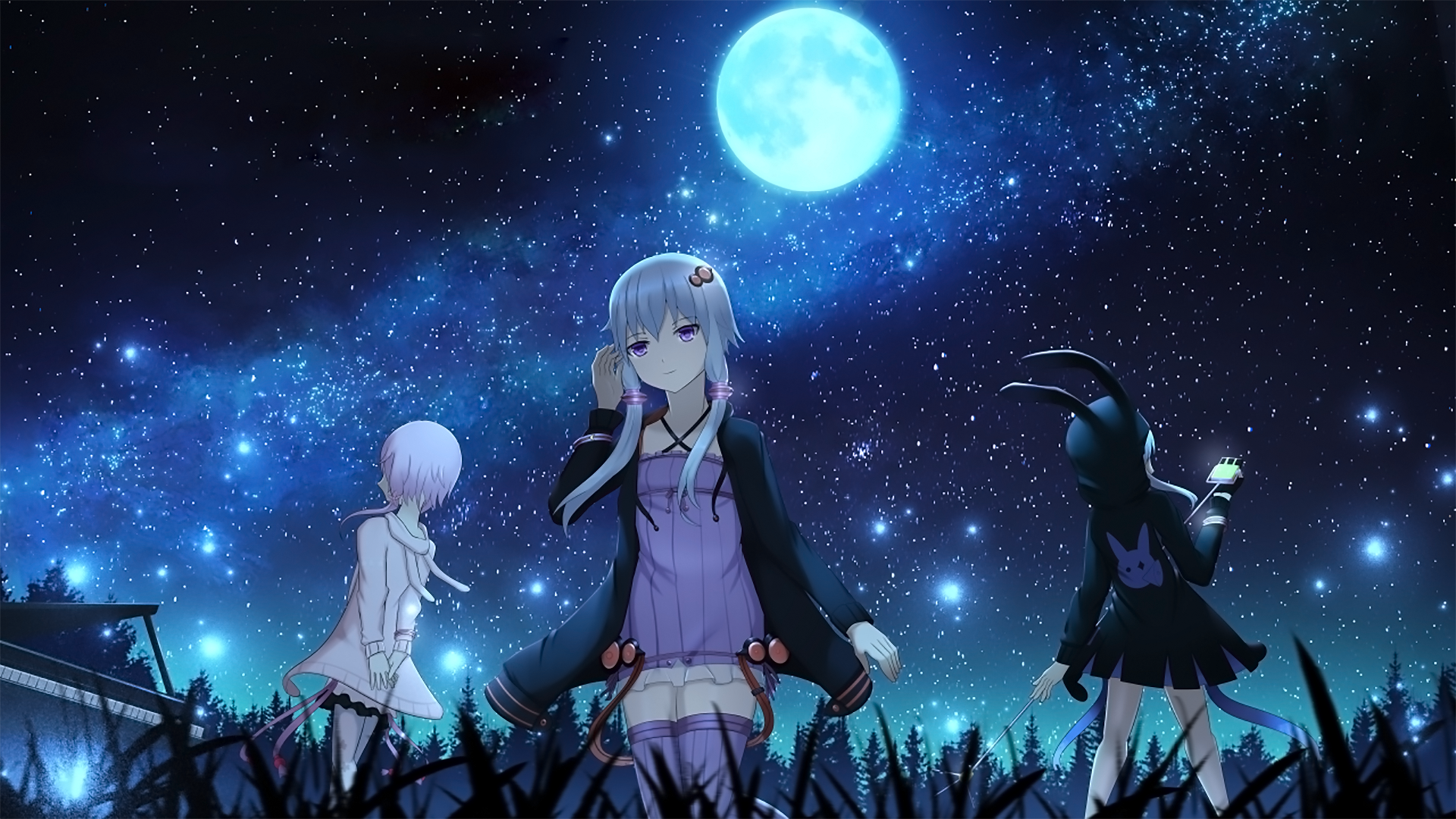 HD anime desktop wallpaper featuring Yuzuki Yukari from Vocaloid standing under a bright full moon in a starry night sky.