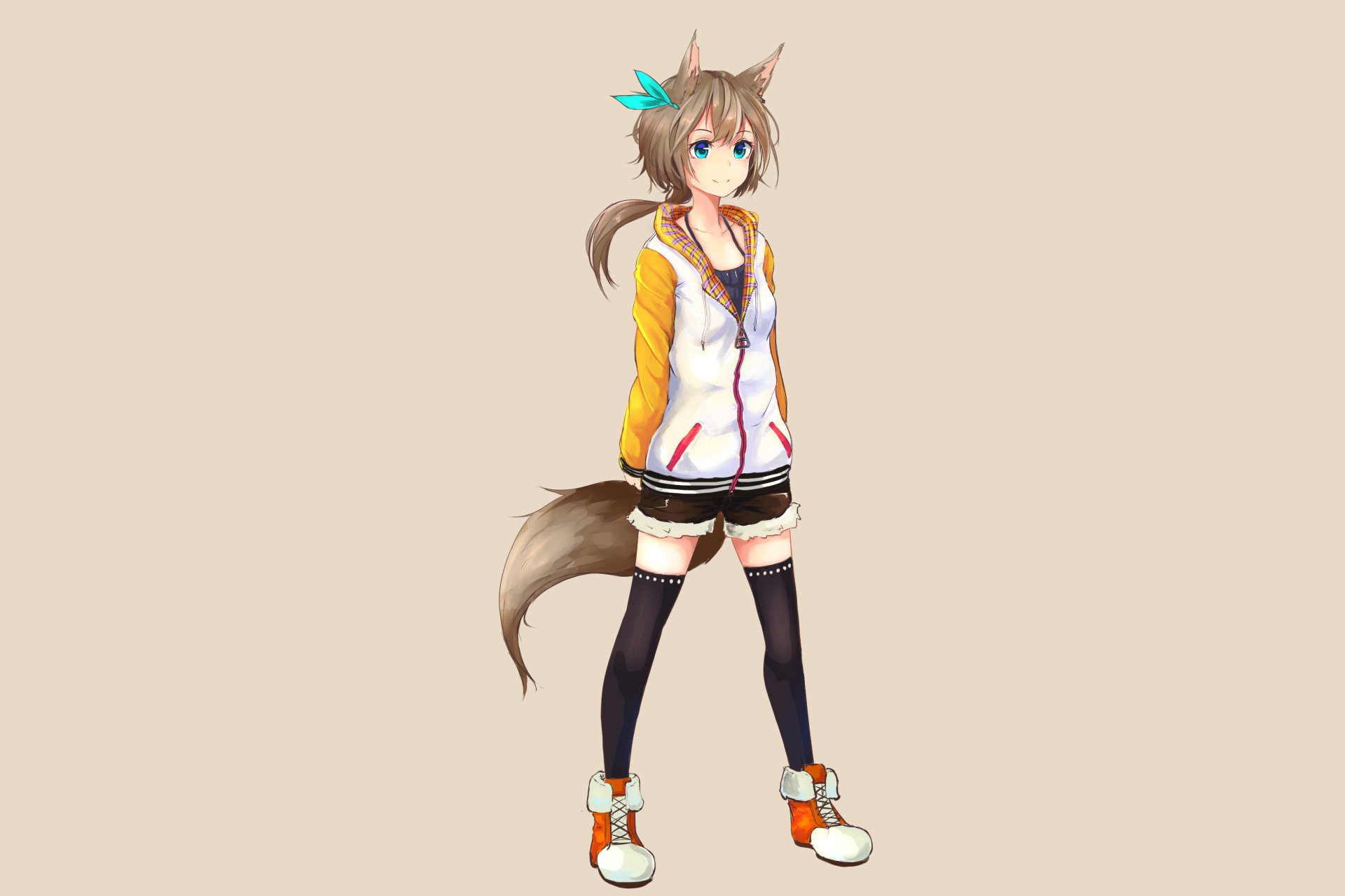 Anime original character: a girl with fox ears and tail in a hoodie, thigh-high socks and sneakers on a beige backdrop — 2K Quad HD PC desktop wallpaper/background.