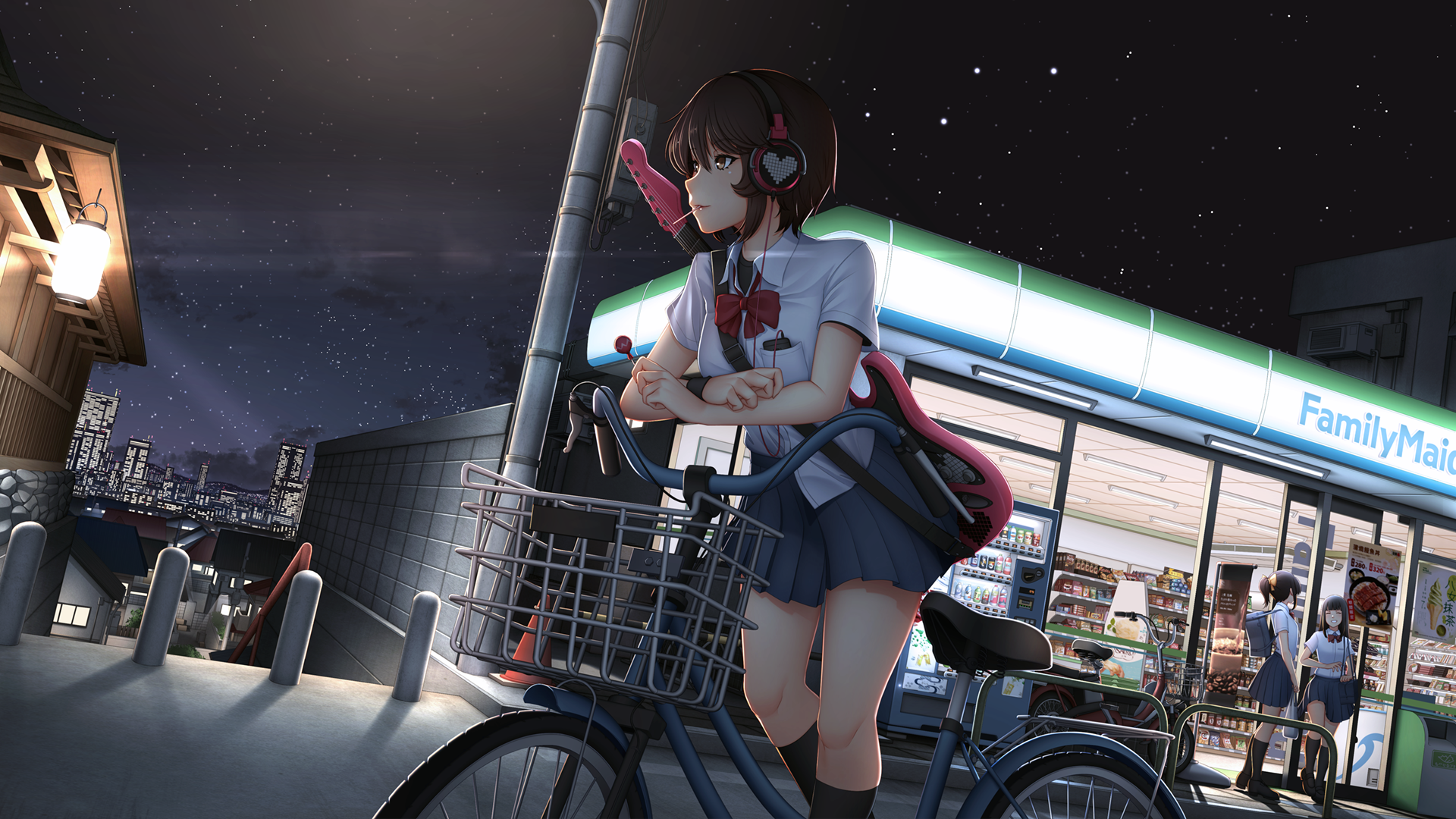 A stylish anime character with headphones leans against a bicycle at night, set against a city backdrop and a convenience store, offering a vibrant HD aesthetic for desktop wallpaper.