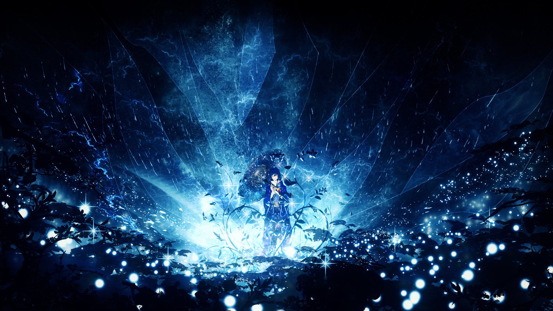 HD PC desktop wallpaper featuring a fantasy anime original character surrounded by glowing blue shards and ethereal light in a mystical, dark setting.