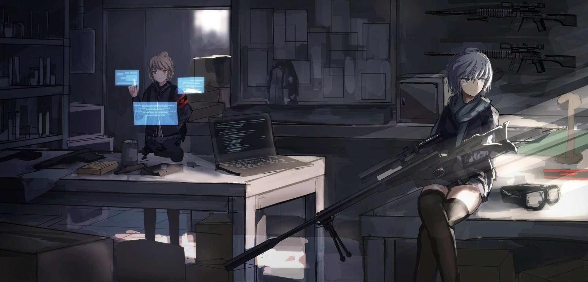 HD anime PC desktop wallpaper featuring two original characters in a dimly lit room, one holding a sniper rifle and the other interacting with floating digital screens.