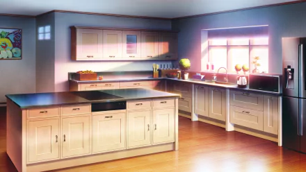 Anime-style HD desktop wallpaper depicting a bright, spacious kitchen room with wooden cabinets, large windows, and soft natural lighting.
