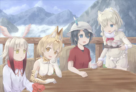 HD PC wallpaper of Kemono Friends anime: Kaban, Serval, Alpaca Suri and Crested Ibis enjoying tea on a wooden terrace with snowy mountains behind.