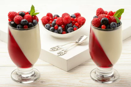 A vibrant 4K Ultra HD still life of currants, blueberries, and raspberries layered in creamy dessert glasses and a bowl, set on a light wooden surface.