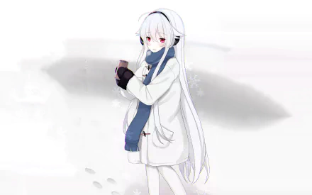HD PC desktop wallpaper background of an anime girl: white-haired girl in a winter coat and blue scarf standing in snow against a soft gray backdrop.