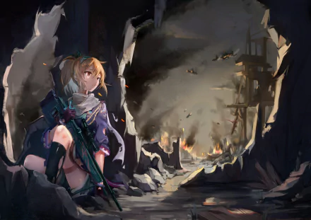 HD desktop wallpaper depicting SV-98 from the video game Girls Frontline, set in a war-torn environment with burning ruins and a dramatic backdrop.