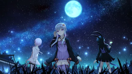 HD anime desktop wallpaper featuring Yuzuki Yukari from Vocaloid standing under a bright full moon in a starry night sky.