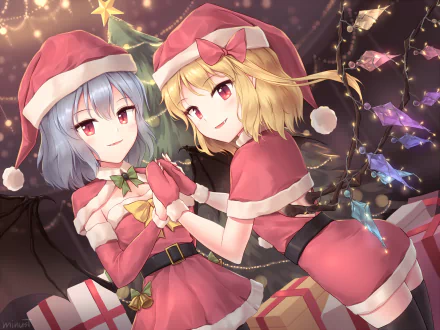 HD PC wallpaper of Remilia and Flandre Scarlet (Touhou): two anime sisters in Santa outfits holding hands, surrounded by festive lights and Flandre's colorful crystal wings.
