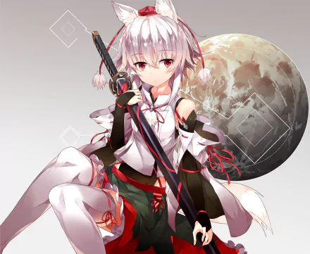 HD desktop wallpaper featuring Momiji Inubashiri from the anime Touhou, with the character holding a sword and a celestial body in the background.
