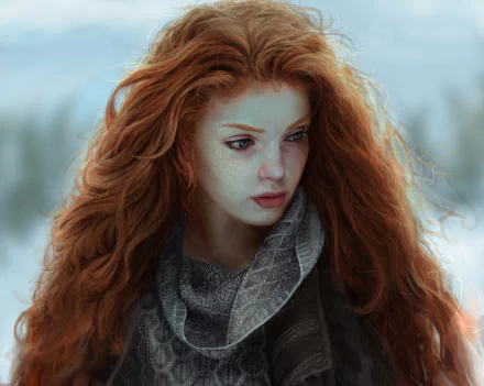 Artistic 8K Ultra HD desktop wallpaper featuring a redhead woman with long hair and freckles, her serene face softly illuminated against a blurred background.