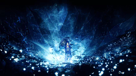 HD PC desktop wallpaper featuring a fantasy anime original character surrounded by glowing blue shards and ethereal light in a mystical, dark setting.