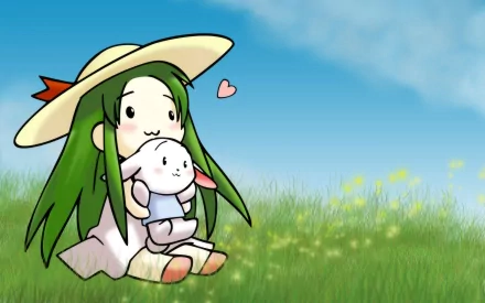 Anime-inspired HD wallpaper featuring Nyoron Churuya-san, a girl with green hair wearing a wide-brimmed hat, happily holding a stuffed bunny in a sunny meadow.