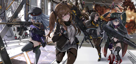 HD desktop wallpaper featuring characters HK416, UMP45, UMP9, and G11 from the video game Girls Frontline in action-packed scene.