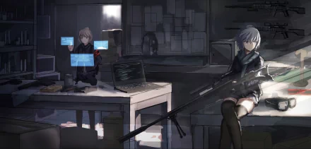 HD anime PC desktop wallpaper featuring two original characters in a dimly lit room, one holding a sniper rifle and the other interacting with floating digital screens.