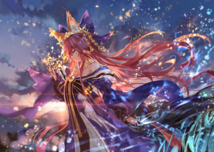 HD desktop wallpaper of Tamamo no Mae from Fate/Grand Order and Fate/Extra. The image features an anime-style illustration with vibrant colors and dynamic background elements.