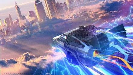 HD desktop wallpaper depicting the iconic DeLorean from the movie Back to the Future flying through a vibrant cityscape above the clouds, surrounded by glowing light trails.