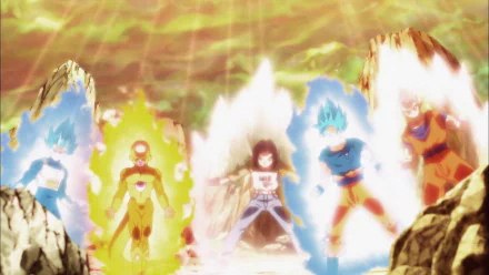 HD desktop wallpaper of Dragon Ball Super featuring Gohan, Goku, Frieza, Android 17, and Vegeta powering up in a rocky terrain scene.