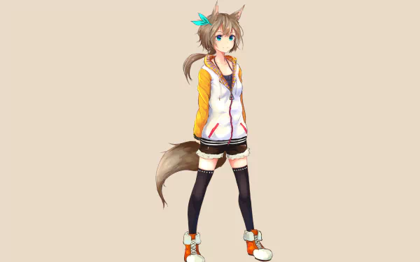 Anime original character: a girl with fox ears and tail in a hoodie, thigh-high socks and sneakers on a beige backdrop — 2K Quad HD PC desktop wallpaper/background.