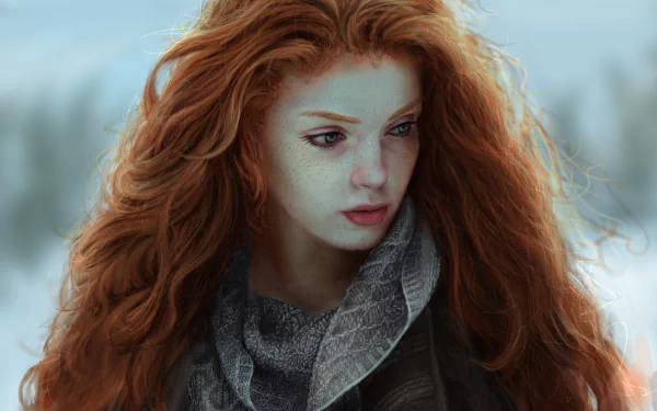 Artistic 8K Ultra HD desktop wallpaper featuring a redhead woman with long hair and freckles, her serene face softly illuminated against a blurred background.