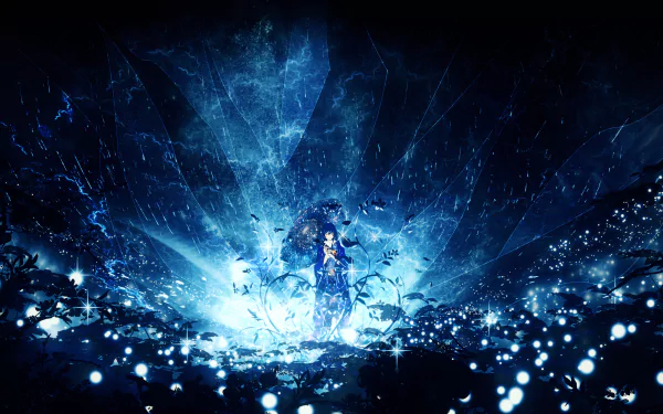 HD PC desktop wallpaper featuring a fantasy anime original character surrounded by glowing blue shards and ethereal light in a mystical, dark setting.