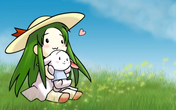 Anime-inspired HD wallpaper featuring Nyoron Churuya-san, a girl with green hair wearing a wide-brimmed hat, happily holding a stuffed bunny in a sunny meadow.