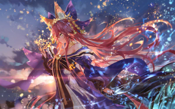 HD desktop wallpaper of Tamamo no Mae from Fate/Grand Order and Fate/Extra. The image features an anime-style illustration with vibrant colors and dynamic background elements.