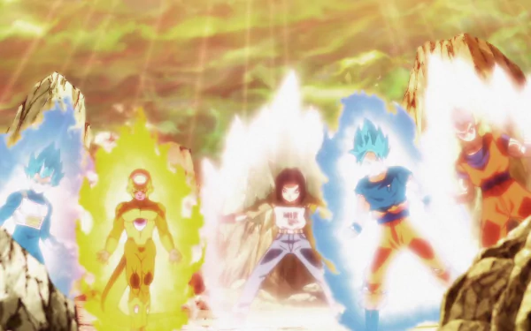 HD desktop wallpaper of Dragon Ball Super featuring Gohan, Goku, Frieza, Android 17, and Vegeta powering up in a rocky terrain scene.