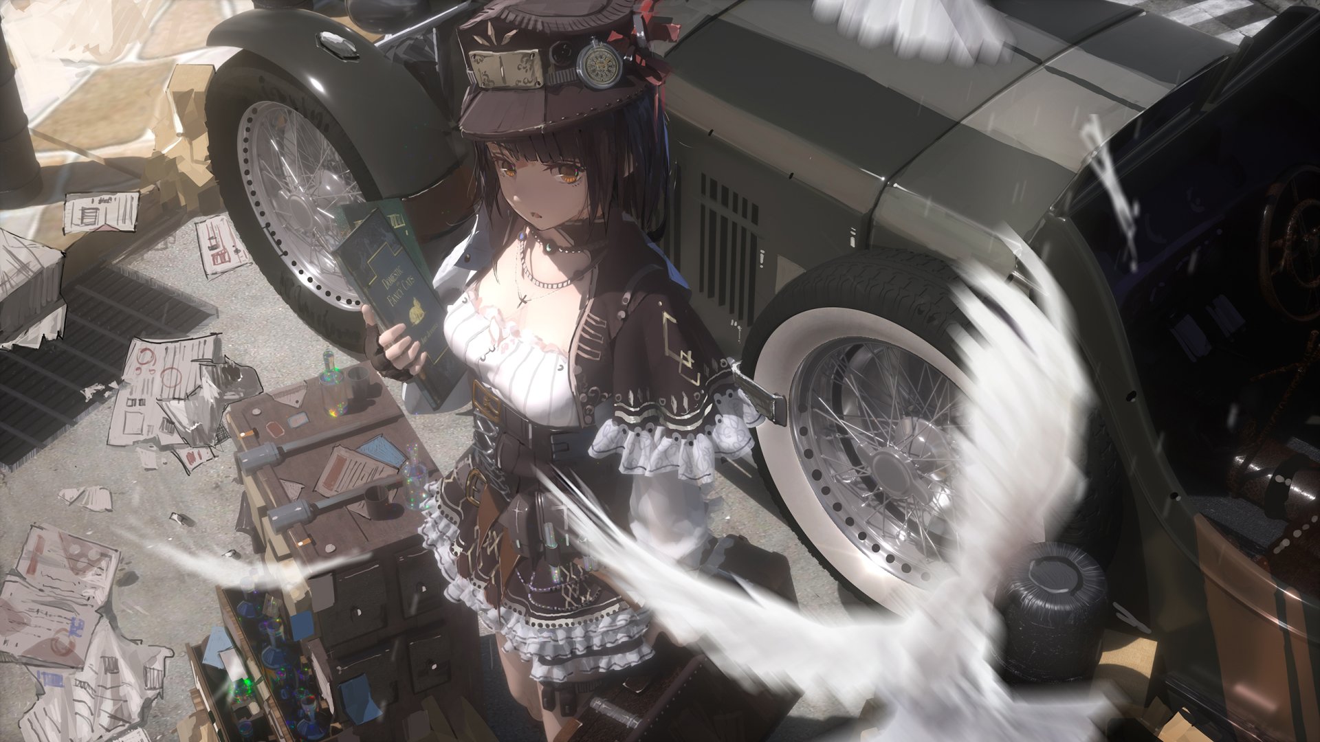 Anime-style steampunk character in detailed attire stands beside a vintage car, surrounded by white doves in this HD PC desktop wallpaper and background.