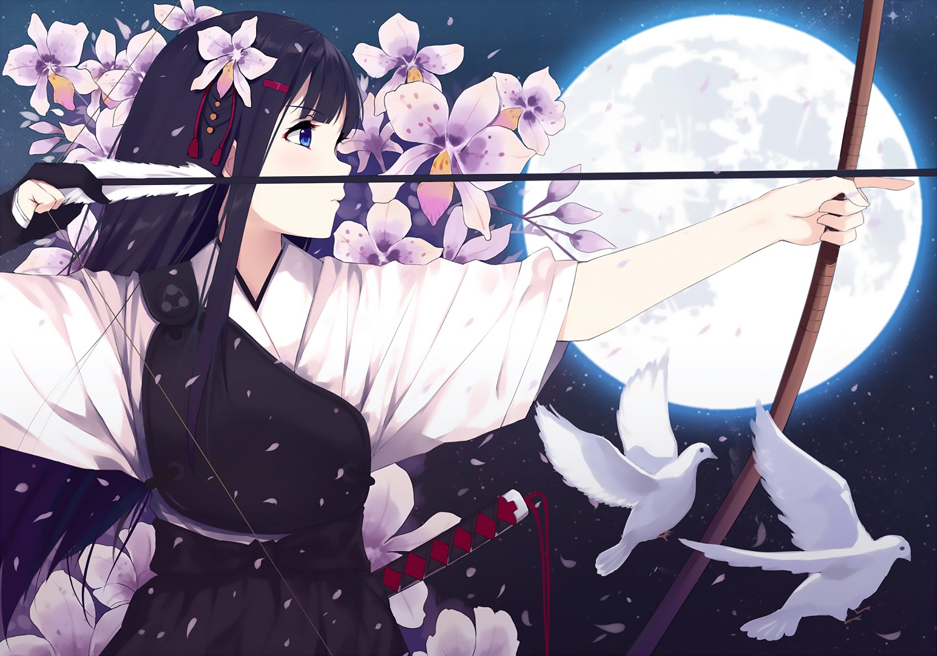 HD anime-style original desktop wallpaper featuring a focused archer girl in traditional attire, cherry blossoms, doves, and a bright full moon in the night sky.