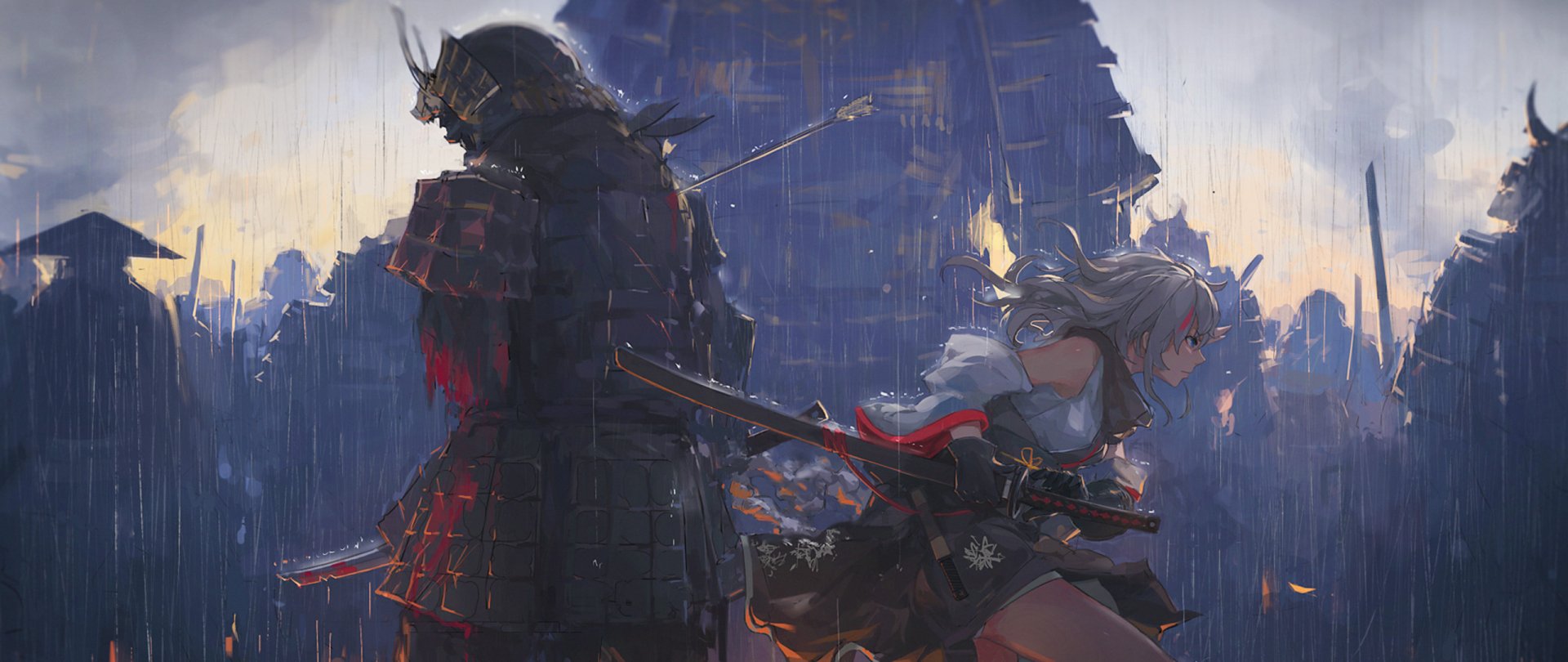HD anime wallpaper featuring an original samurai scene with detailed, dynamic characters ready for battle against a dramatic backdrop.
