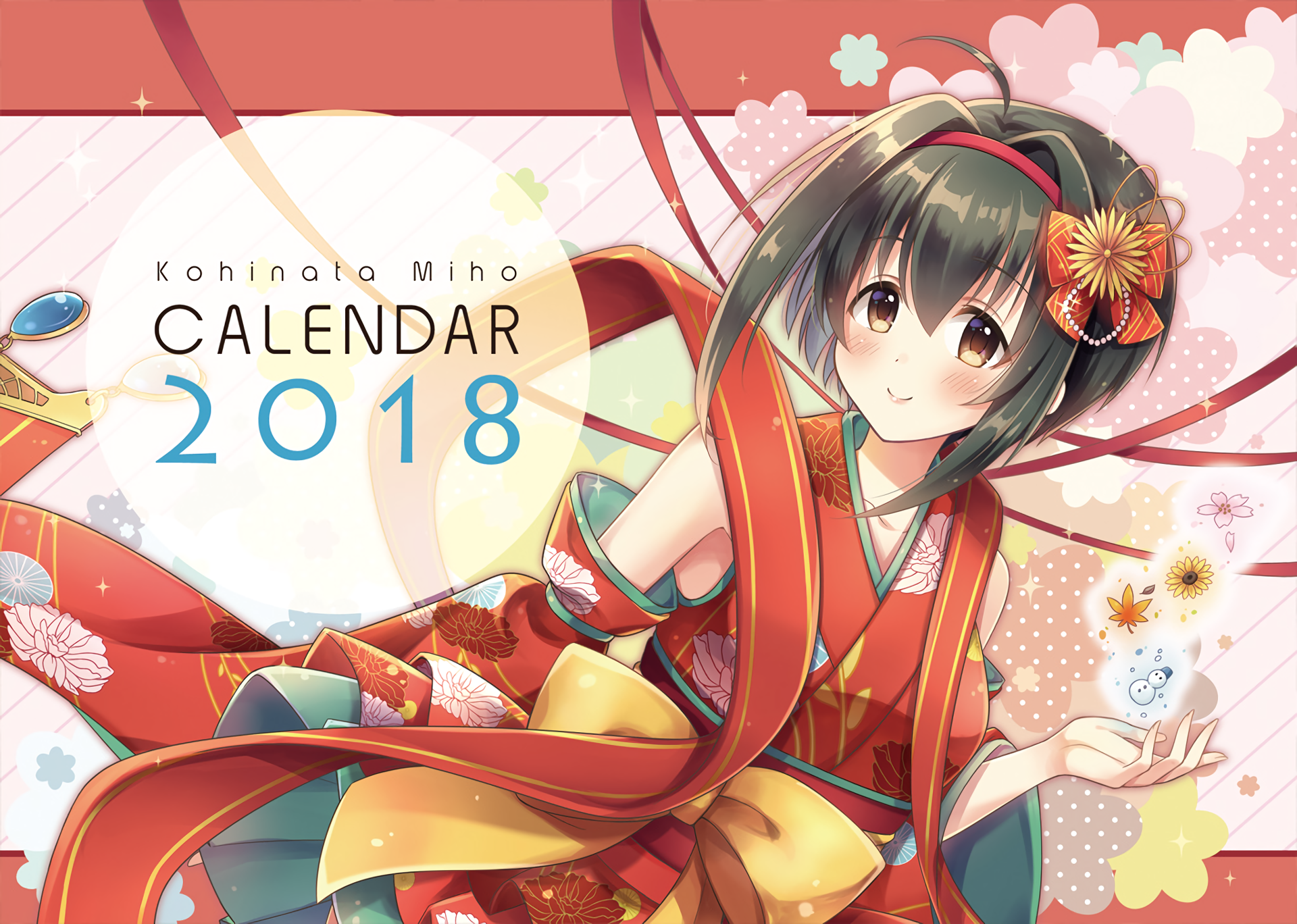 HD PC desktop wallpaper featuring Miho Kohinata from The iDOLM@STER Cinderella Girls in a vibrant 2018 calendar design.