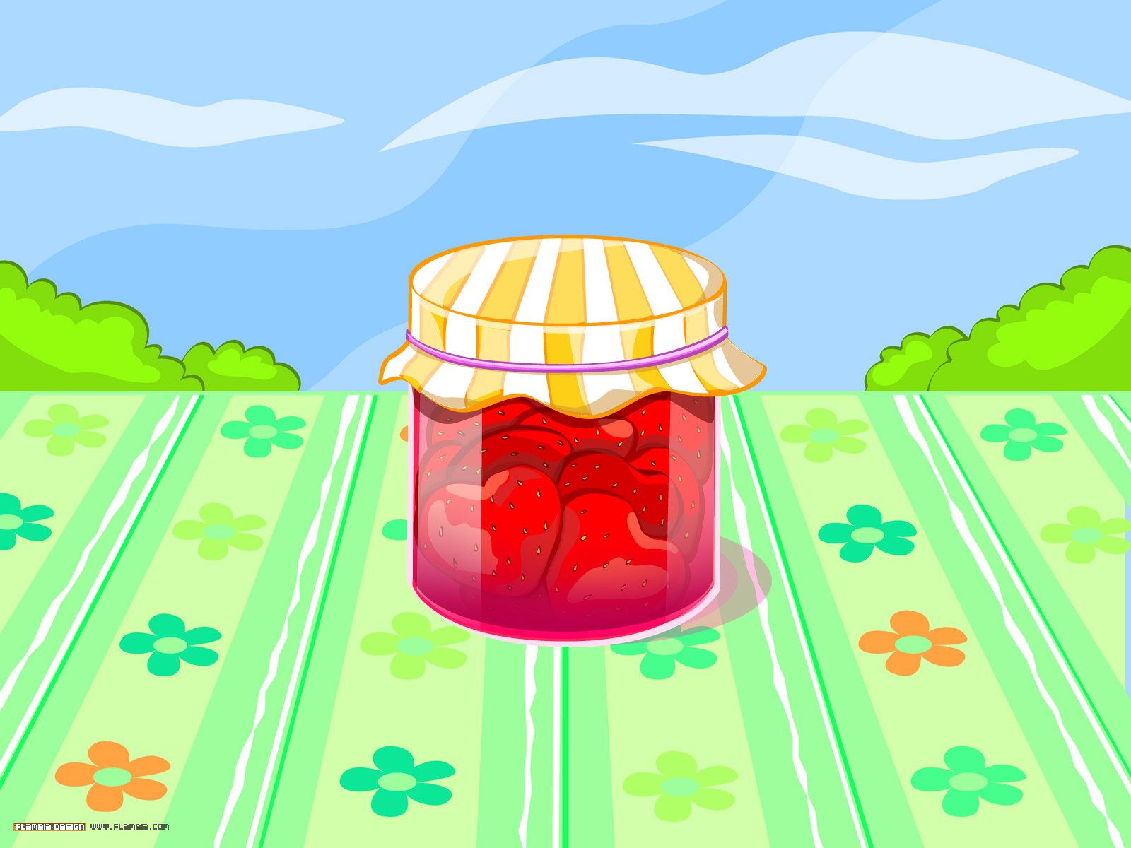 A vibrant HD wallpaper features a jar of strawberry jam adorned with a striped lid, set against a colorful picnic blanket and a bright sky, celebrating the heartwarming essence of fruit.