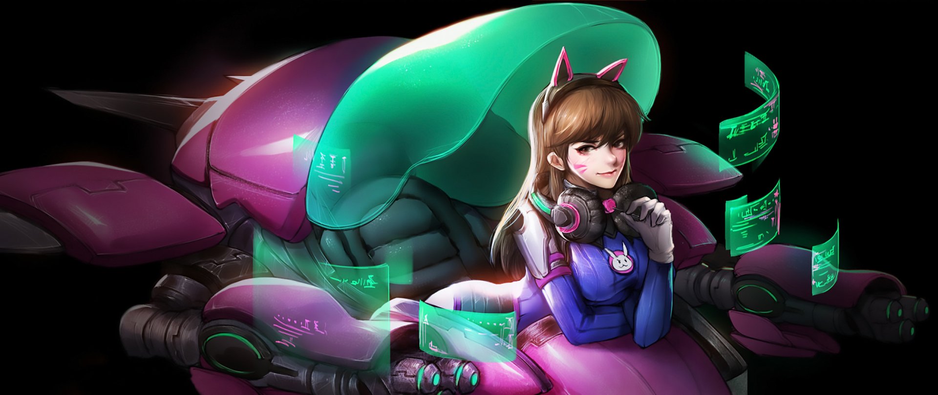 HD PC desktop wallpaper featuring D.Va from Overwatch, depicted with her mech in a vibrant, futuristic video game style.