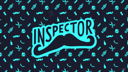HD PC desktop wallpaper: vintage music-themed turquoise INSPECTOR logo with stylized mustache over dark background patterned with retro scissors, records and bottles. InspectorDubplate, YouTube.