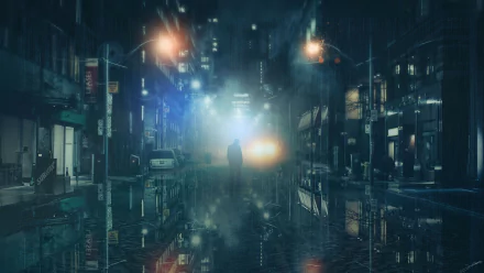 HD wallpaper of a cyberpunk sci-fi city at night, featuring a rainy street with reflective puddles and illuminated by lamp posts. The moody ambiance enhances the futuristic urban landscape.