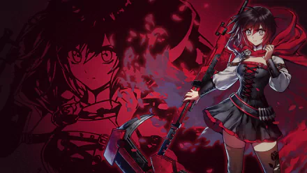 HD desktop wallpaper and background featuring an anime character from RWBY holding a weapon, set against a dark, dramatic backdrop with red and black hues.