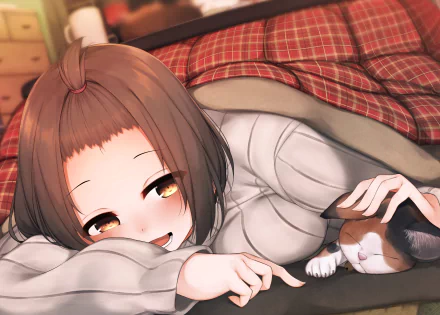 Anime-style original HD desktop wallpaper featuring a girl lying under a red plaid blanket, gently petting a small cat with warm, cozy lighting.
