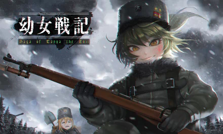 HD PC desktop wallpaper featuring Tanya Degurechaff from the anime The Saga of Tanya the Evil, showcasing Viktoriya Ivanovna Serebryakov in a snowy battlefield scene.