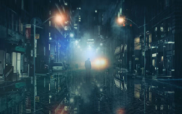 HD wallpaper of a cyberpunk sci-fi city at night, featuring a rainy street with reflective puddles and illuminated by lamp posts. The moody ambiance enhances the futuristic urban landscape.