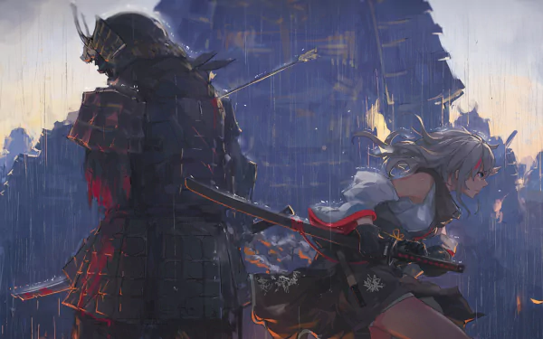 HD anime wallpaper featuring an original samurai scene with detailed, dynamic characters ready for battle against a dramatic backdrop.