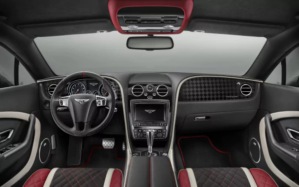 4K Ultra HD PC desktop wallpaper/background: interior of a Bentley Continental GT3 vehicle — black and red cockpit with steering wheel, sport seats and center console.